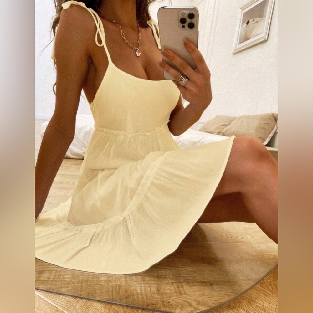 Yellow Pleated Mini Sundress Spaghetti Straps